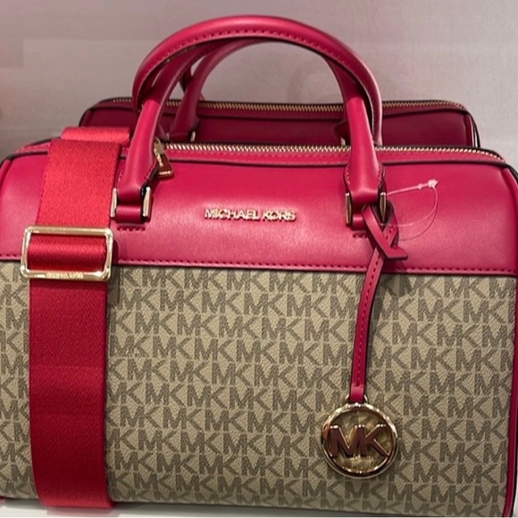 Michael Kors Carmine Pink and logo medium satchel NWT! - Picture 2 of 5